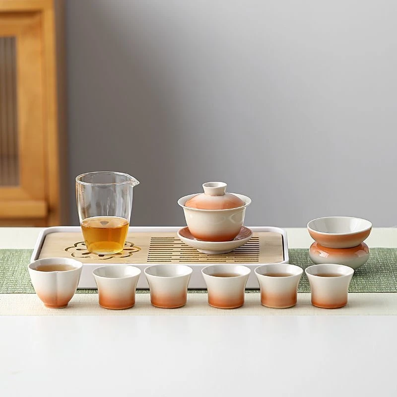 陶瓷功夫茶具套组盖碗茶杯公道杯茶盘组合小套装渐变色伴手礼商用