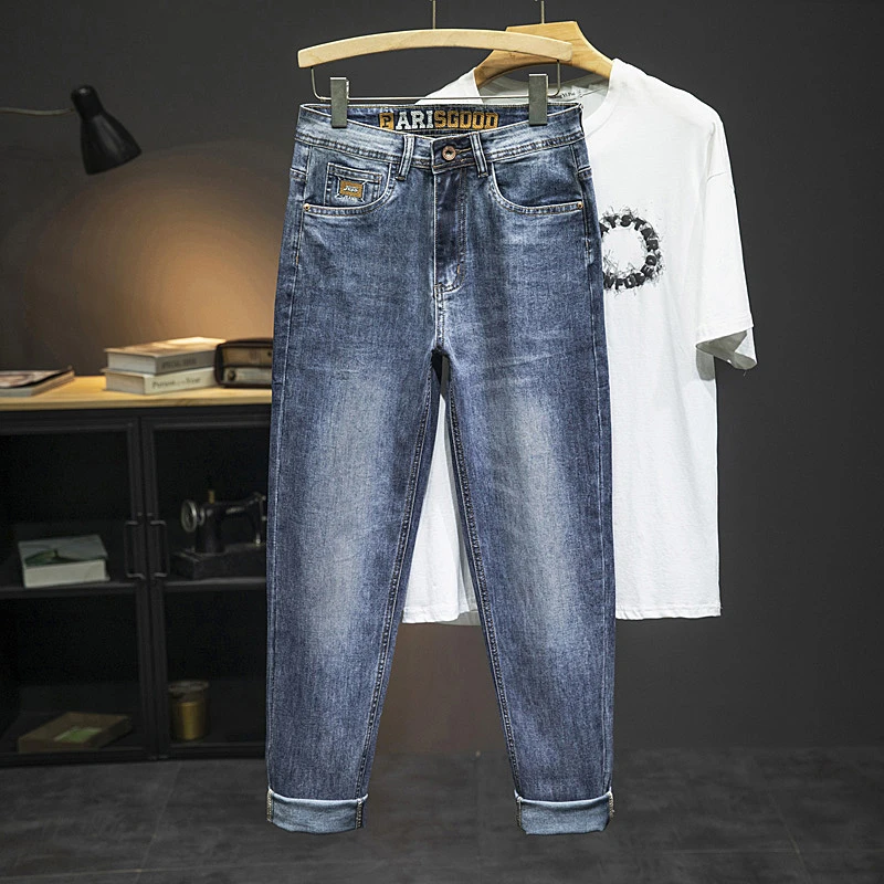2025春季新款牛仔裤男装潮流弹力时尚蓝色小直筒修身长裤子刺绣款