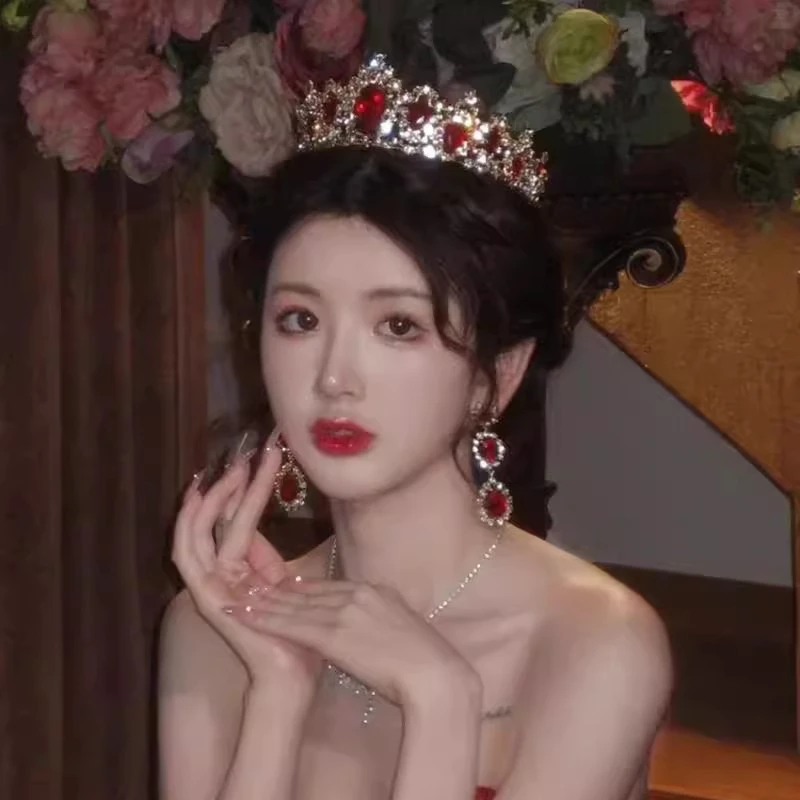 欧式复古红色皇冠新娘结婚十八岁生日宴会礼服王冠高级感大气发箍