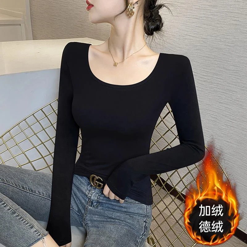德绒加厚黑色打底衫女内搭秋冬无痕发热保暖洋派修身低领加绒上衣