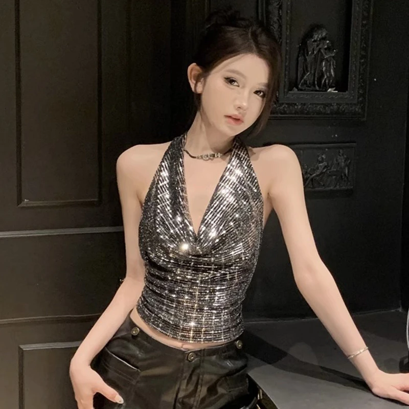 纯欲风辣妹亮片挂脖吊带背心女夏季短款亮闪闪露背高级感上衣外穿