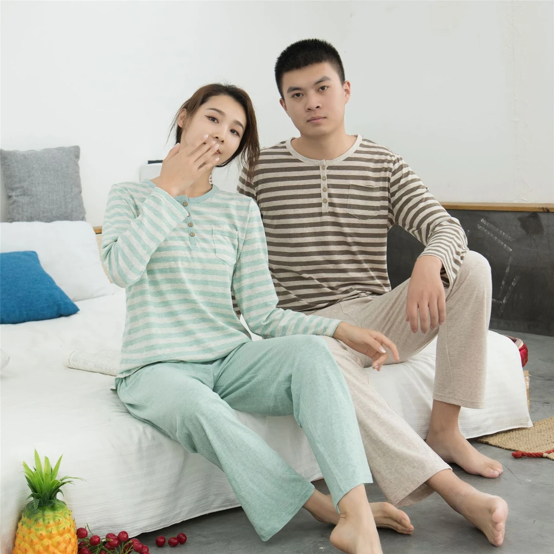 睡衣女套装天竺棉 男家居服 全棉宽松长袖春夏春秋薄款圆领纯棉