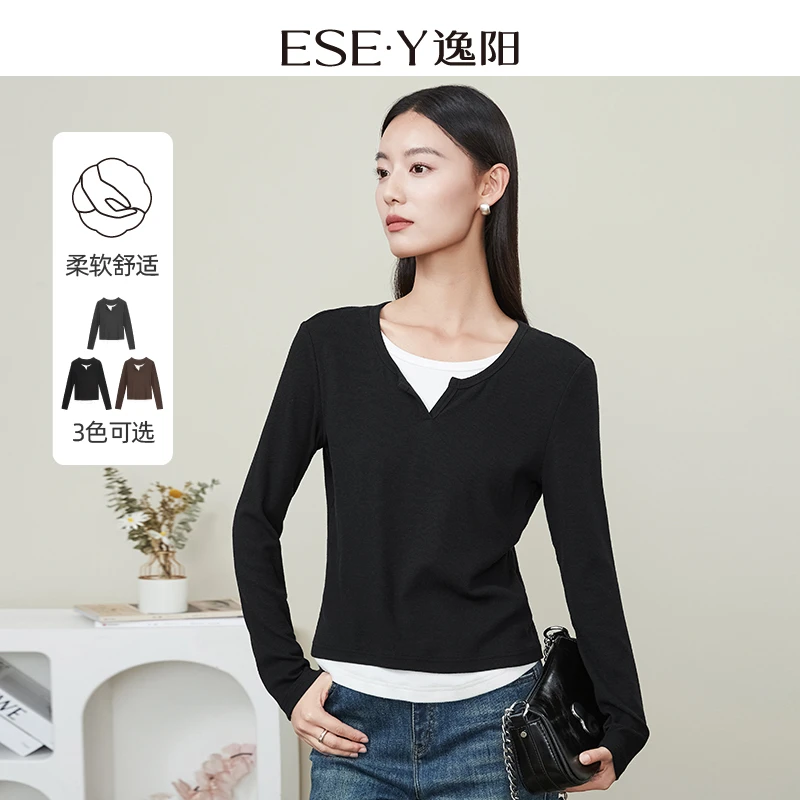 逸阳女装撞色假两件长袖T恤女25秋款修身舒适显瘦活力打底上衣