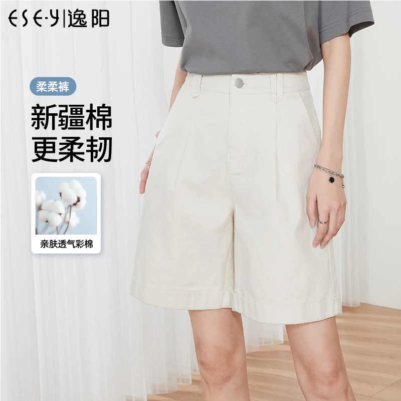逸阳女装2023五分彩棉牛仔短裤女夏季薄款直筒宽松高腰凉感裤子
