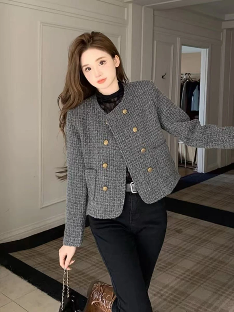 婷婷子【灰外套】小香风高级感减龄漂亮洋气短款粗花呢外套3732