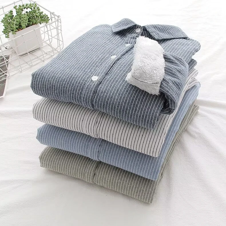 长袖条纹衬衫女秋冬加绒新款休闲遮肉显瘦打底衫百搭上衣纯棉衬衣