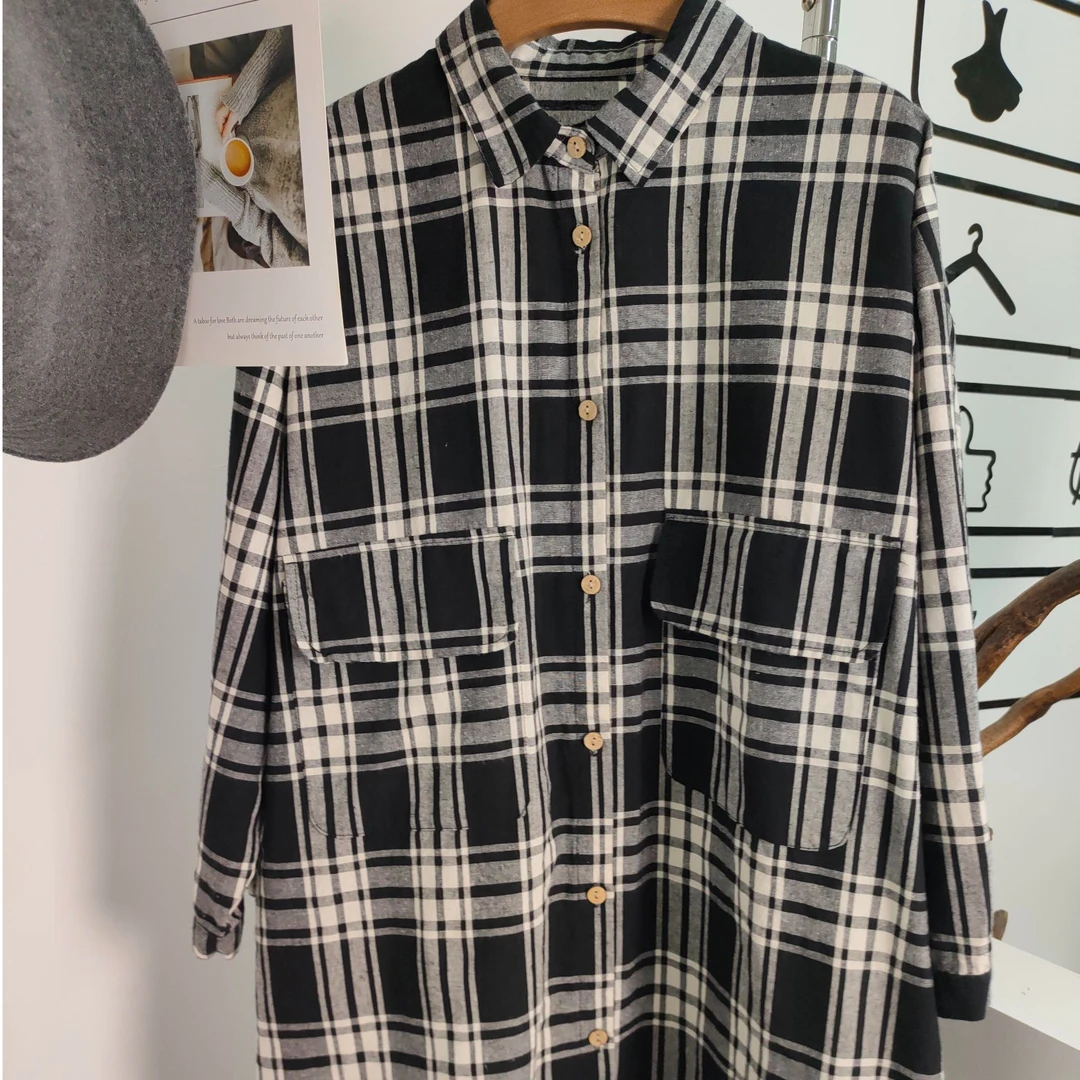 【A112】2024新款棉麻大版衬衫黑白格男女同款衬衫领宽松