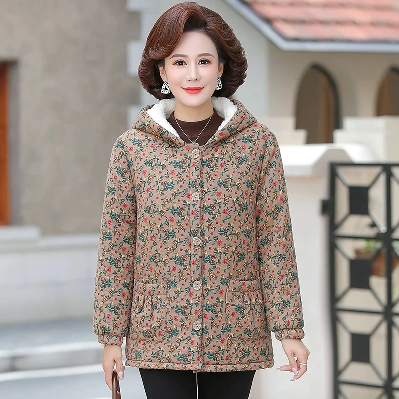 妈妈冬装加绒棉衣女士中老年人加厚保暖棉服外套冬季新款碎花棉袄