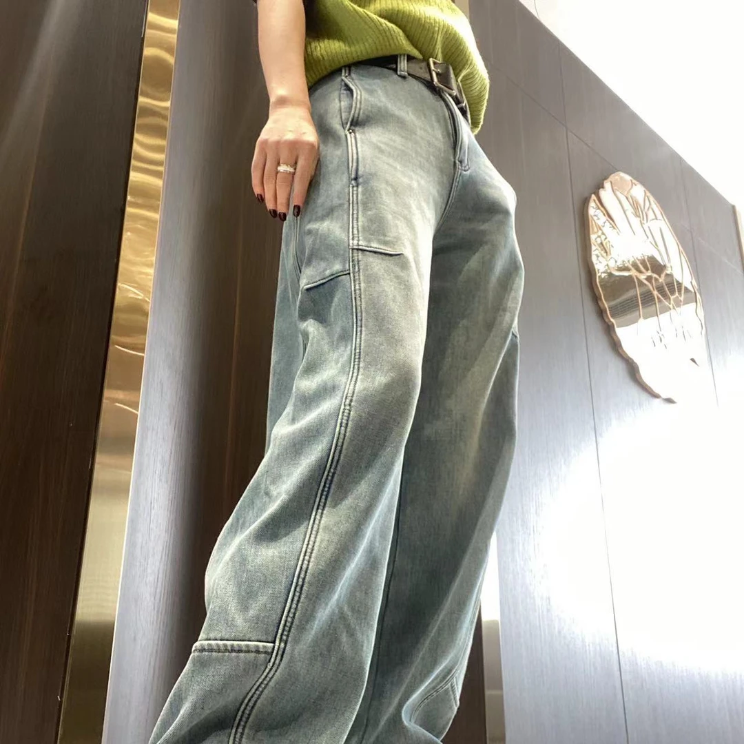 MINGGANG/名港【原宿百搭】加绒加厚不臃肿香蕉做旧牛仔裤5630