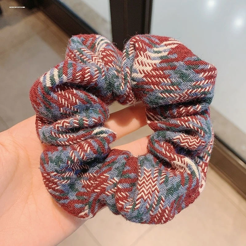 韩系秋冬格纹大肠发圈雾霾蓝色女款简约百搭文艺复古发绳头绳发饰