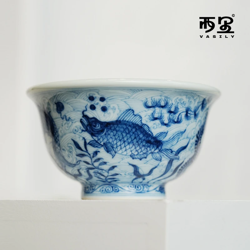 念物山坊·「青花釉里红鱼藻压手杯 」纯手工手绘中式茶具