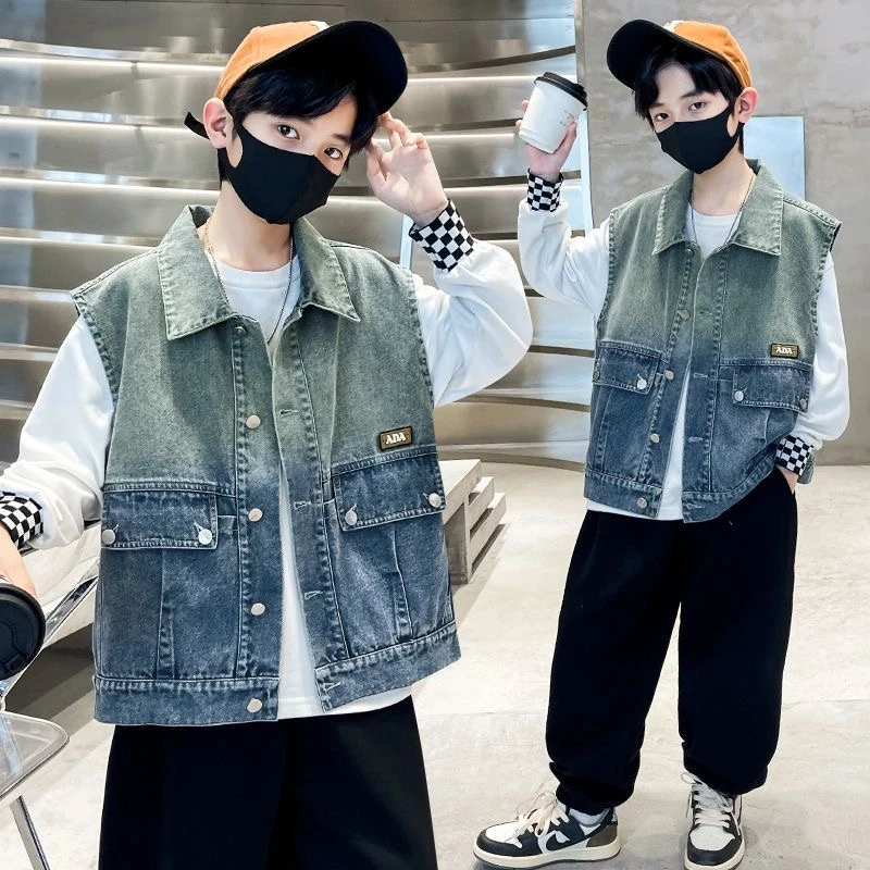 男童春秋款牛仔马甲儿童中大童背心外穿春秋外套男孩坎肩2024新款