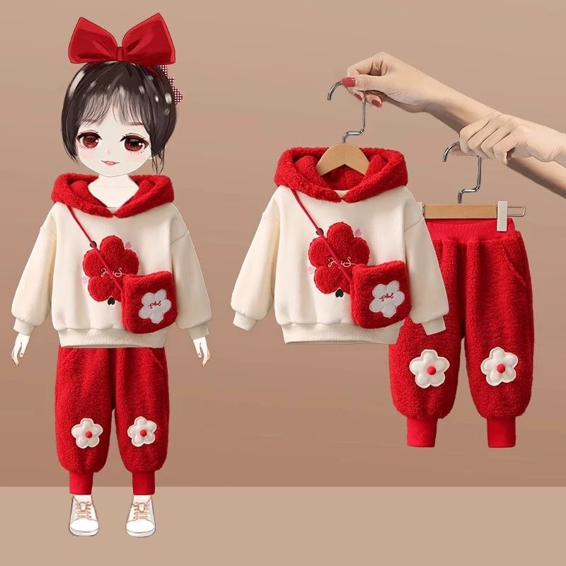 女宝宝秋冬季甜美花朵加绒套装2024冬季新款女孩洋气加厚两件套潮