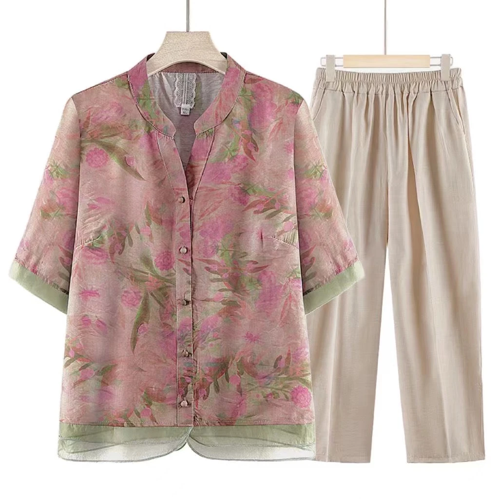 妈妈夏季新款清新文艺民族印花洋气衬衫上衣纯色宽松阔腿裤套装女