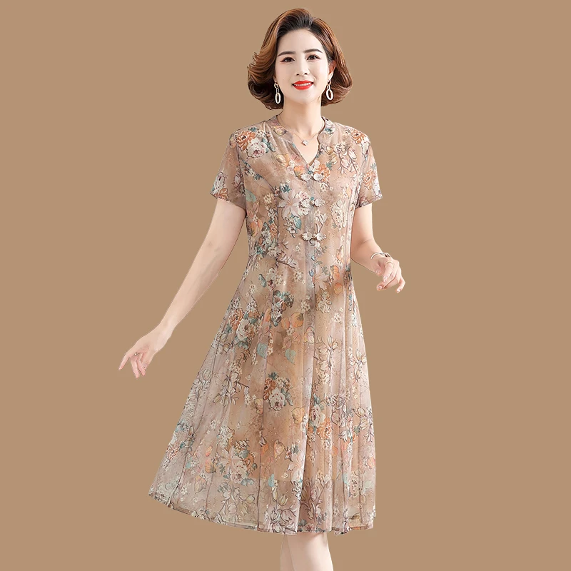 新款妈妈夏装短袖连衣裙中年女夏季洋气中老年气质连衣裙雪纺裙子