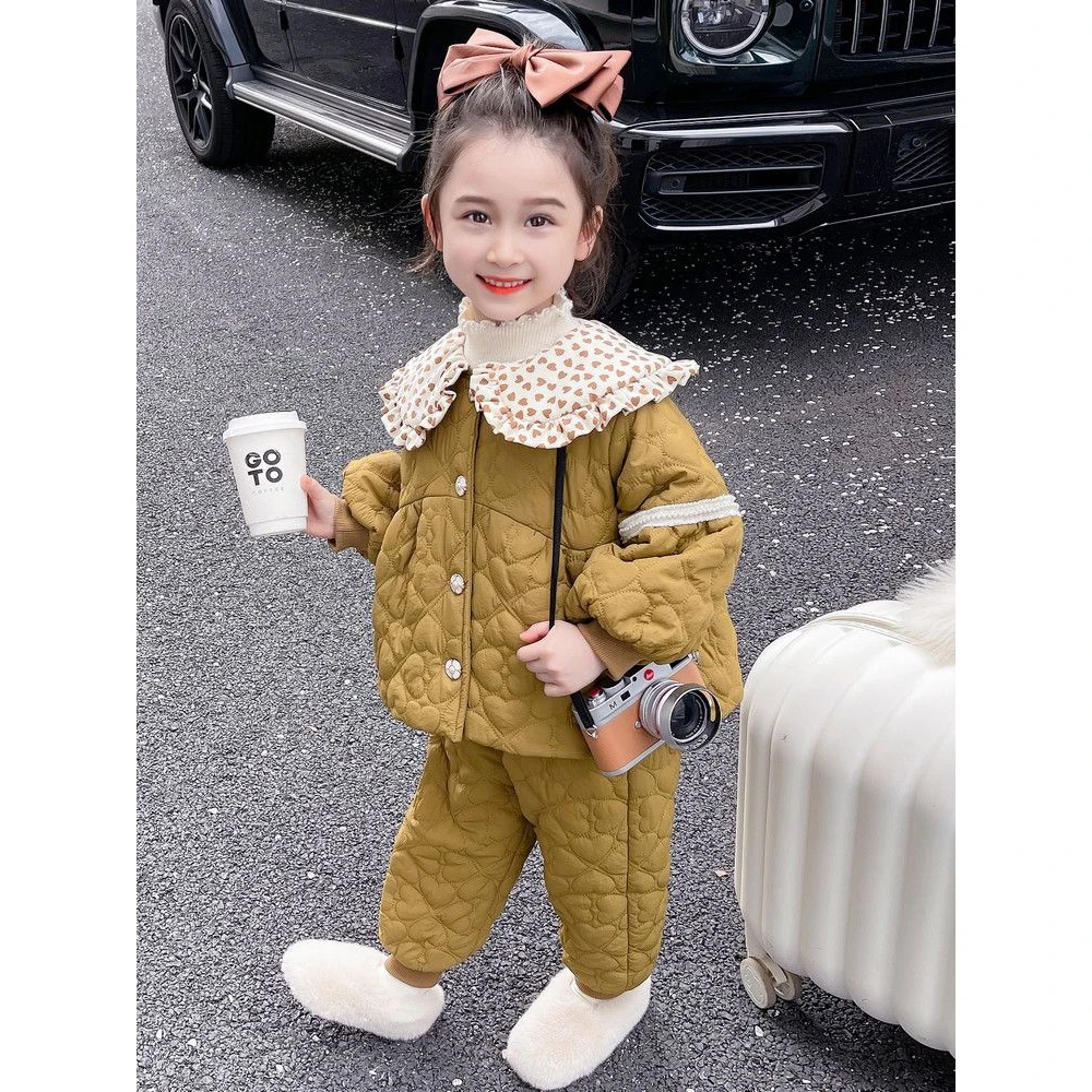 儿童棉袄套装2023秋冬季新款女宝宝加绒加厚女童棉服棉裤两件套潮
