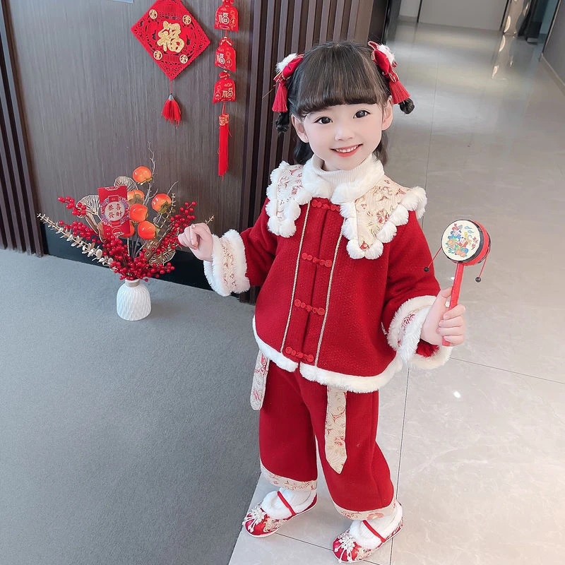 女童冬季唐装新年衣服套装儿童新款拜年服加绒加厚女宝宝周岁洋气