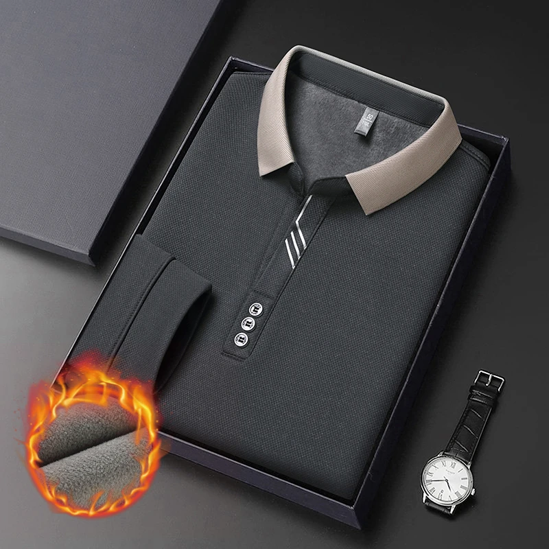 冬款男士翻领加绒加厚POLO衫上衣宽松保暖百搭T恤简约商务运动款