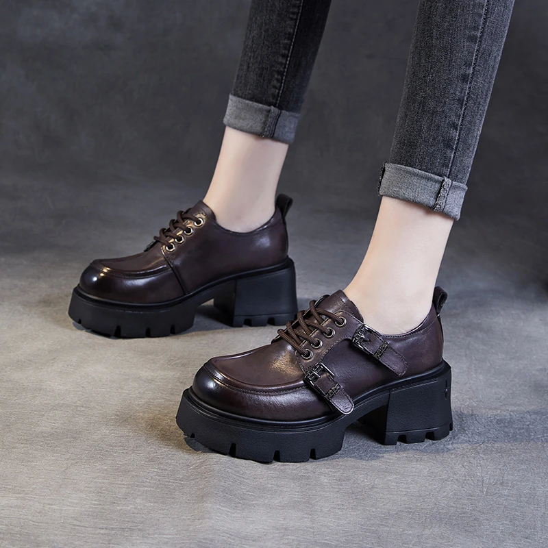 【卡卡定制】头层牛皮2025秋季新款时尚带扣系带厚底粗跟乐福鞋女鞋