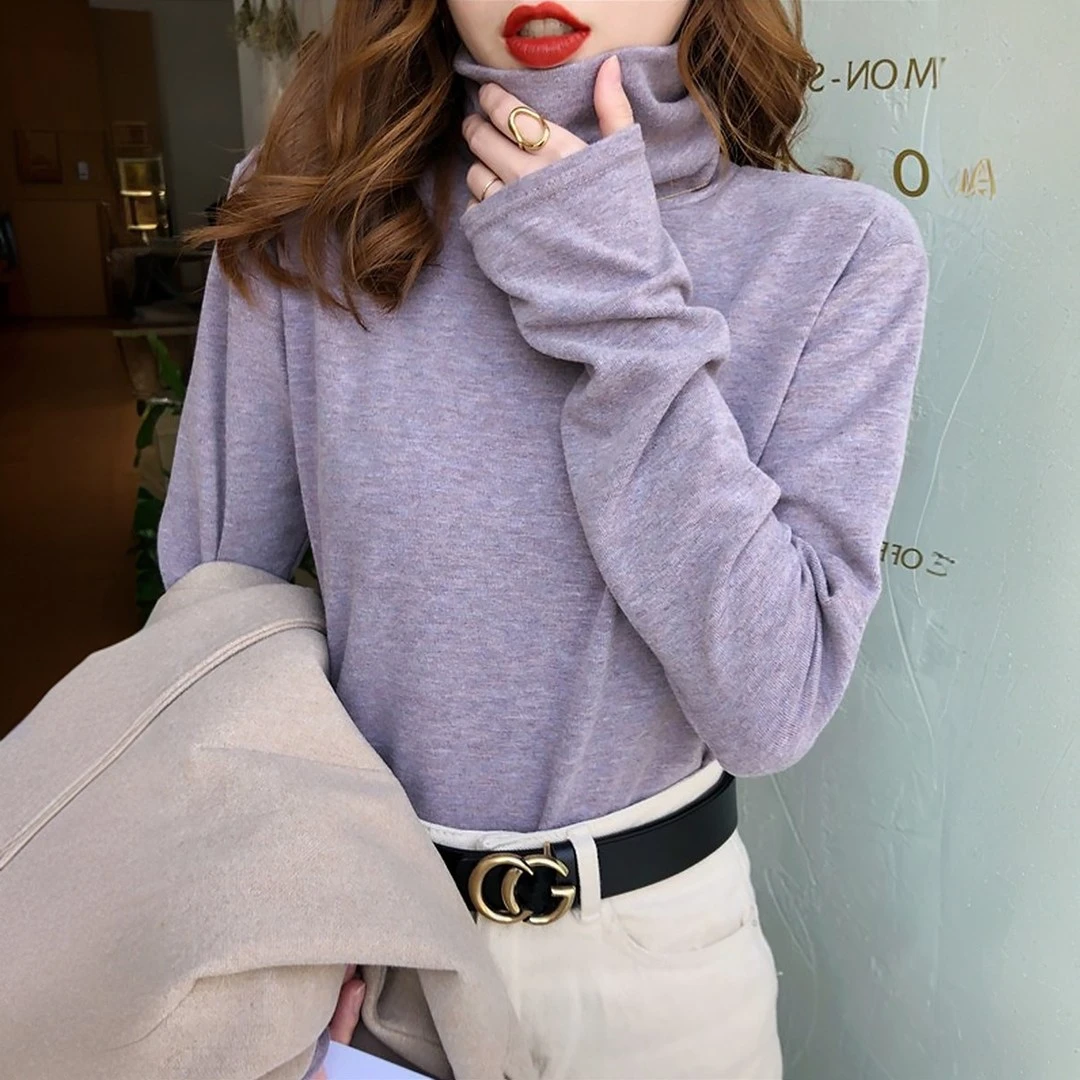 高领打底衫女秋冬2025新款堆堆领内搭加绒加厚高级感紫色德绒上衣