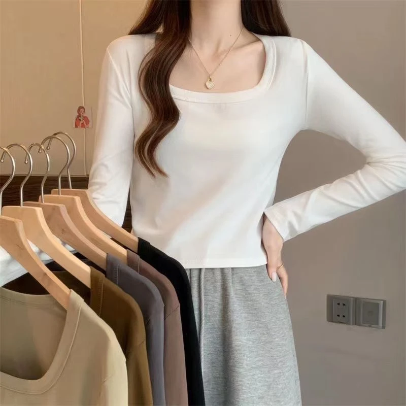 打底衫纯棉女秋季百搭修身显瘦内搭方领长袖T恤锁骨短款ins上衣女