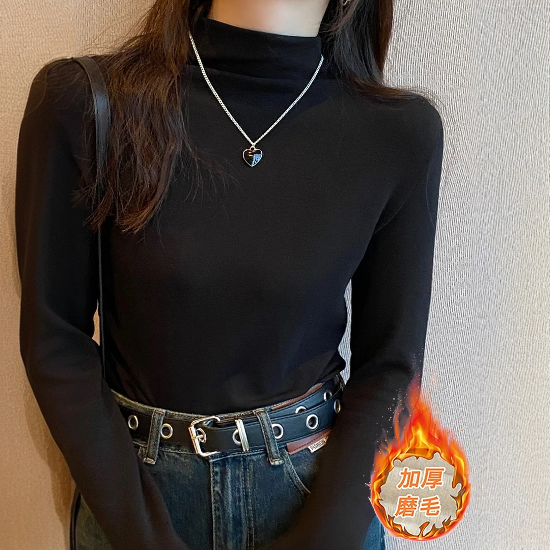 黑色打底衫女半高领秋冬新款长袖T恤女内搭磨毛保暖叠穿ins上衣