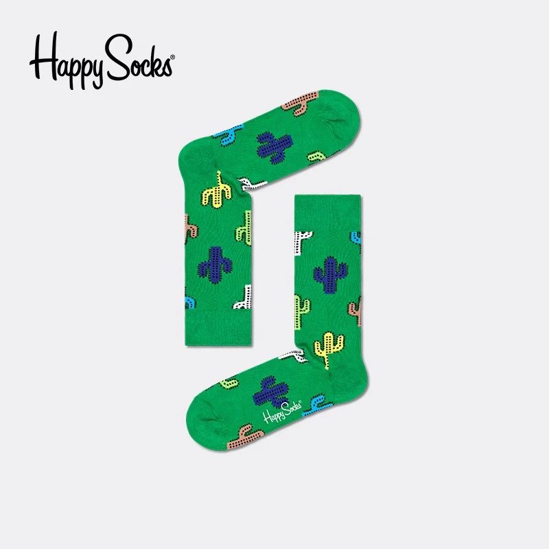 HappySocks绿色袜子女夏季薄款ins潮网红款外穿百搭仙人掌中筒袜