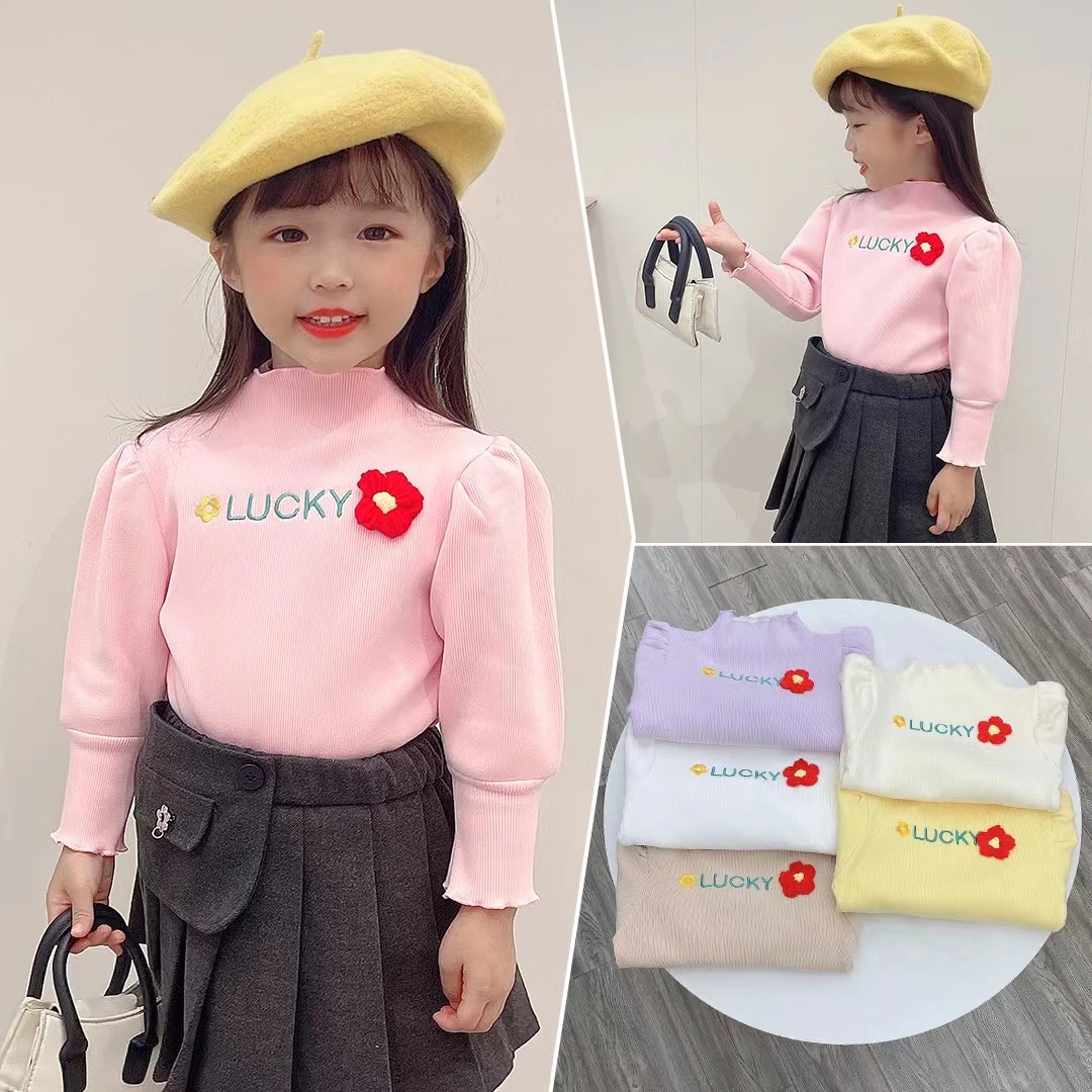 高品质童装棉加绒女童打底衣花边灯笼长袖加绒加厚儿童暖暖打底衣