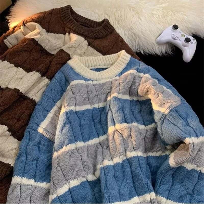 港风chic森系条纹毛衣外套男女秋冬季日系复古宽松慵懒风bf针织衫