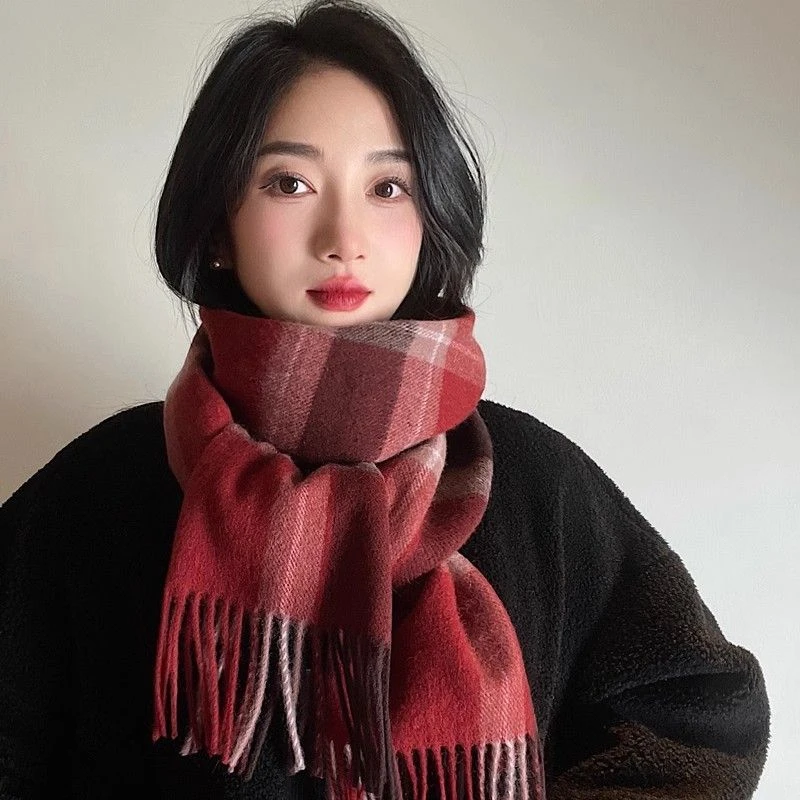 英伦长款澳洲羊毛格子羊绒红色围巾时尚男女情侣加厚百搭保暖围脖