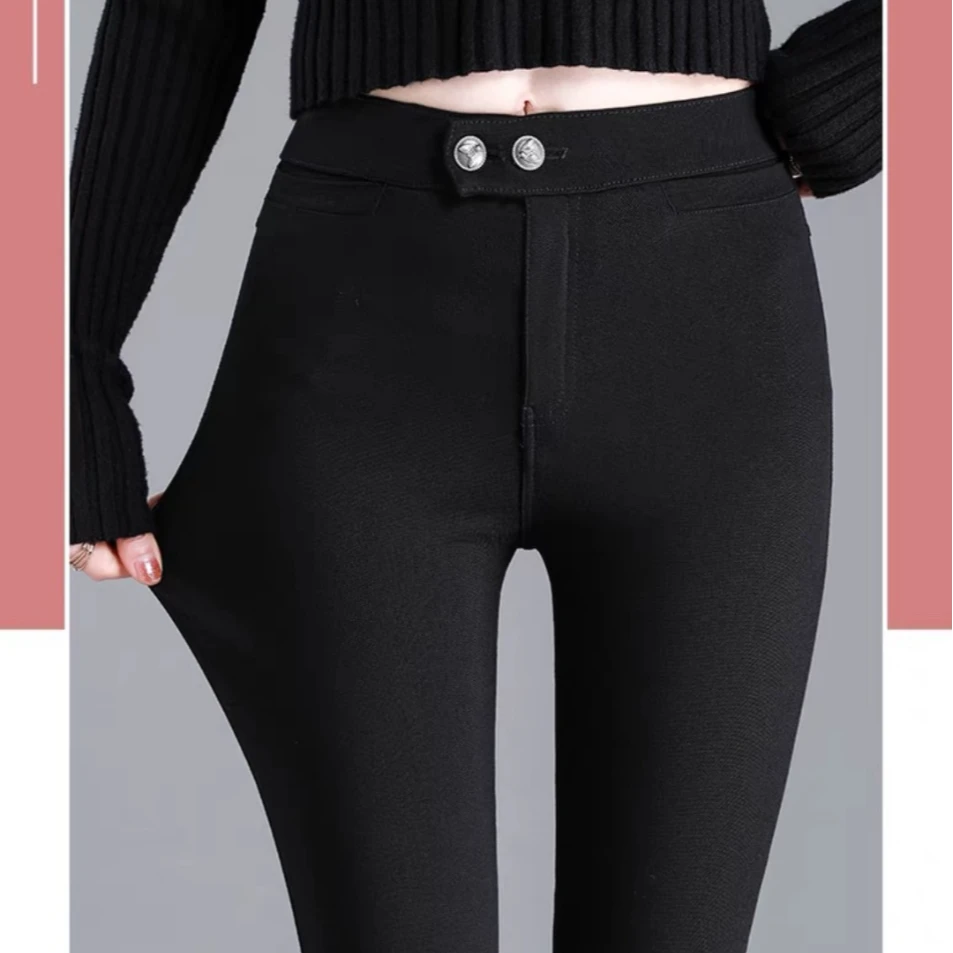 春秋款黑色双扣打底裤中腰外穿铅笔裤弹力大显瘦百搭经典的小黑裤
