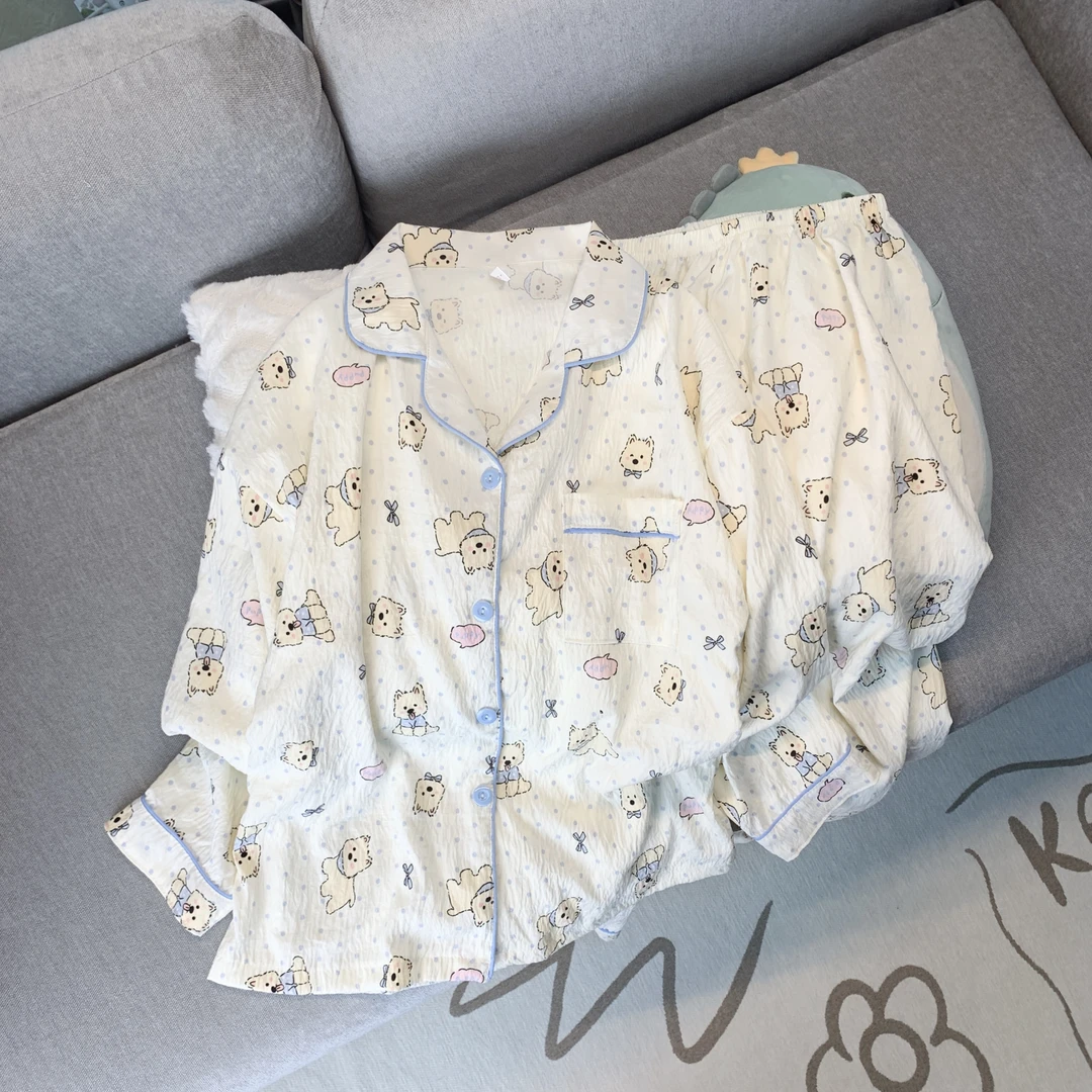 波点小奶狗睡衣女士春秋季云朵棉长袖长裤学生卡通可爱家居服套装