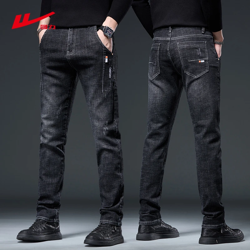 回力秋冬季牛仔裤男士加绒加厚商务直筒修身小脚休闲百搭长裤子男