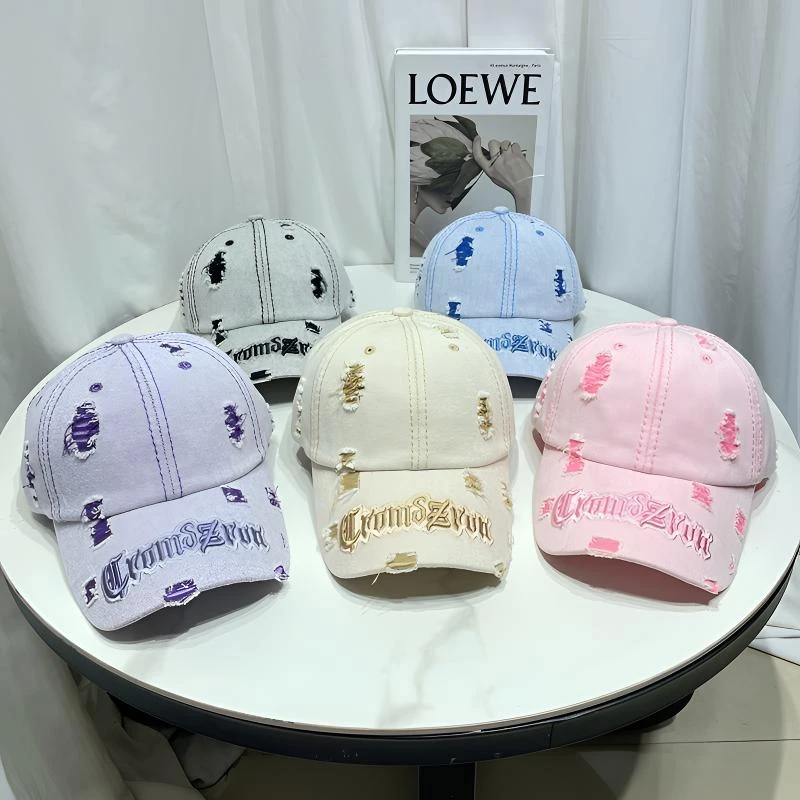 高品质复古做旧破洞棒球帽女四季款韩版百搭字母刺绣鸭舌帽遮阳帽