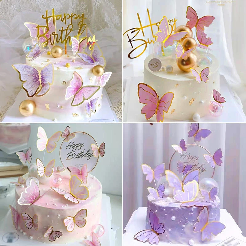 蛋糕装饰摆件蝴蝶插件粉色金边插牌幻彩球生日派对装扮烘焙点缀