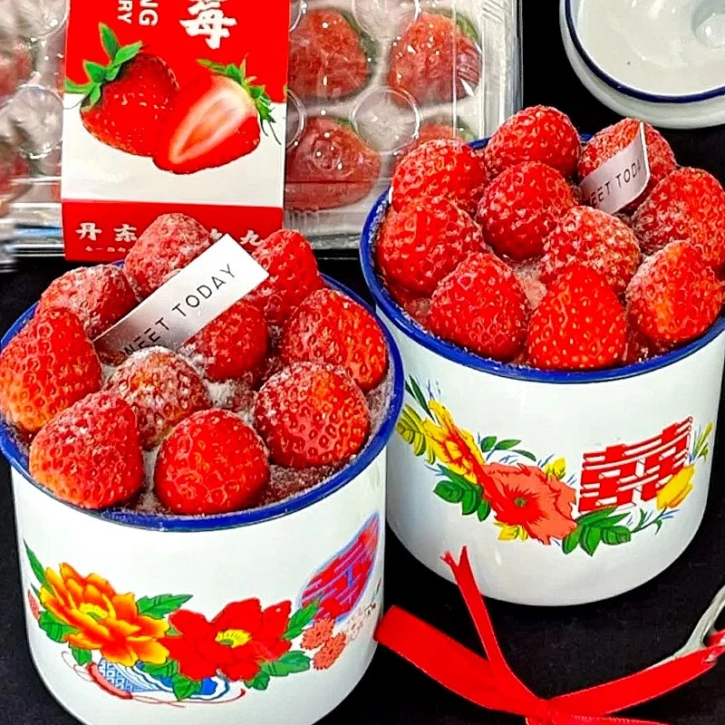 网红同款草莓蛋糕搪瓷缸茶缸红色囍字牡丹怀旧复古甜品烘焙装扮