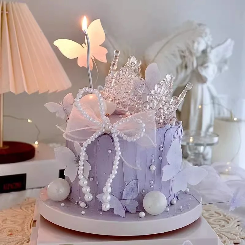 七夕情人节蝴蝶结蛋糕装饰水晶皇冠摆件白色丝带生日甜品烘焙插件