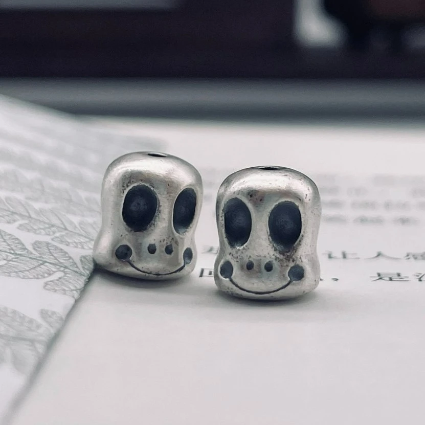 925银银制品 微笑小呆阿呆隔珠弟子珠雕刻复古可爱个性文玩配饰