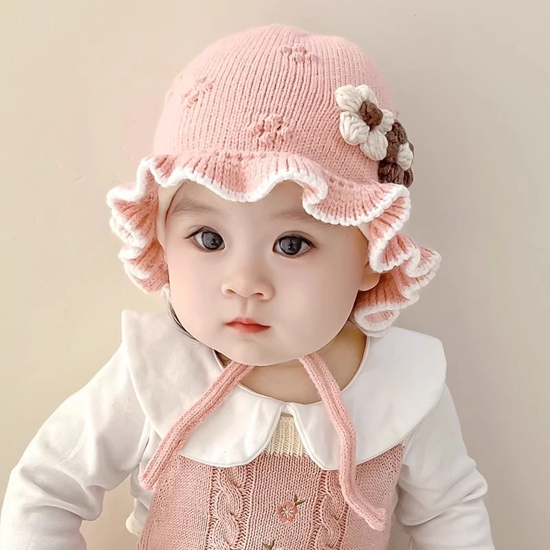 婴儿帽子秋冬款公主超萌可爱花朵宝宝女童冬季保暖系带毛线护耳帽