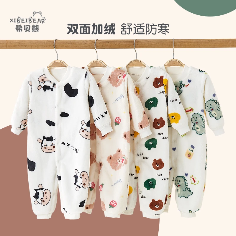 婴儿法兰绒连体衣双面绒锁温保暖宝宝连体睡衣新生儿爬外出服秋冬