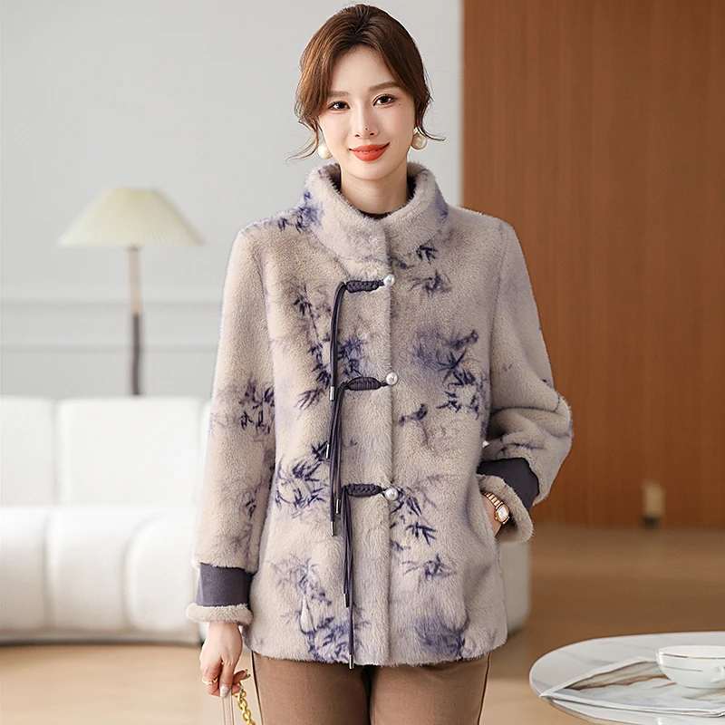 冬装新款中老年妈妈仿水貂绒短外套中式国风洋气加厚皮毛一体大衣