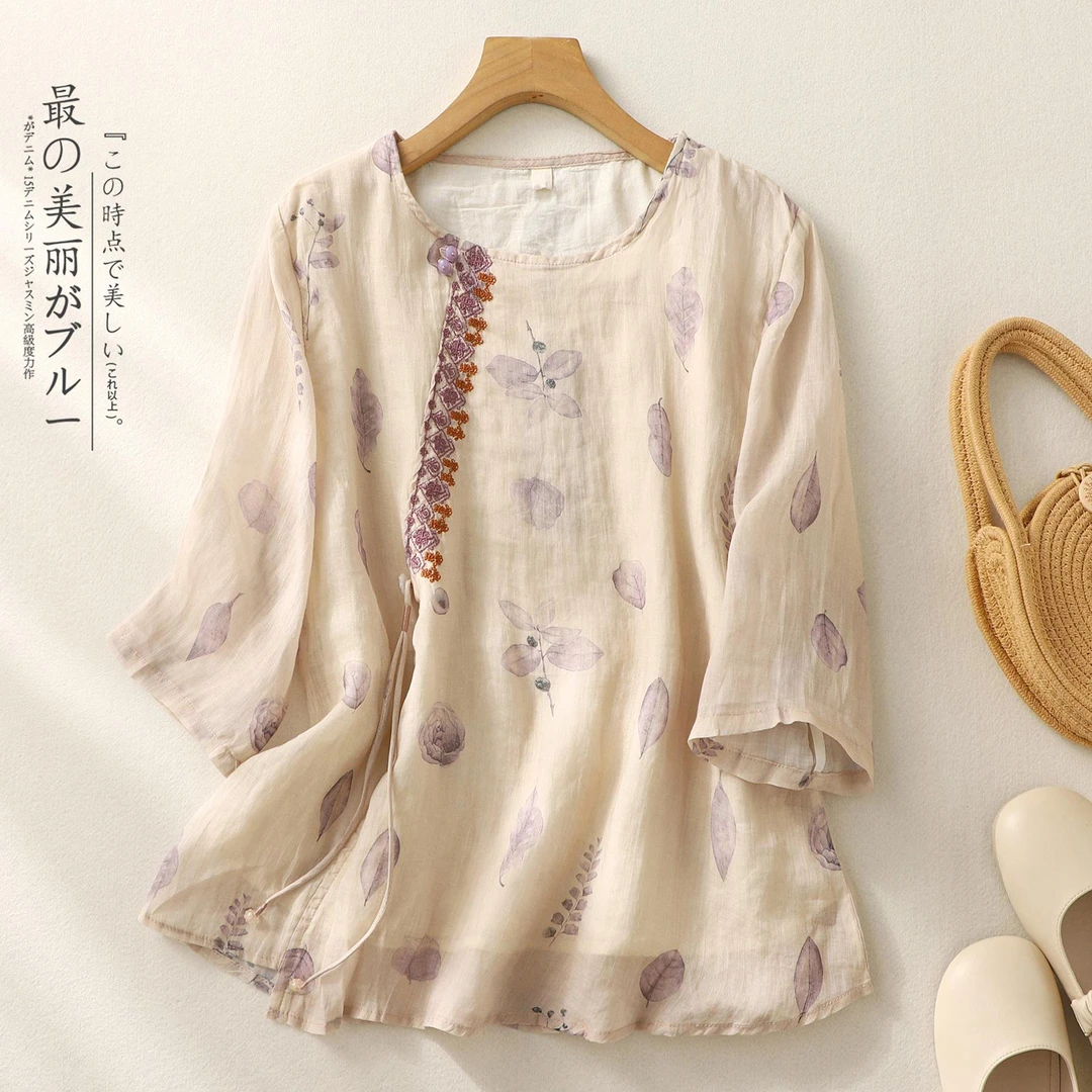 夏装新款年轻洋气中年妈妈棉麻七分袖衬衫中式苎麻中袖亚麻上衣