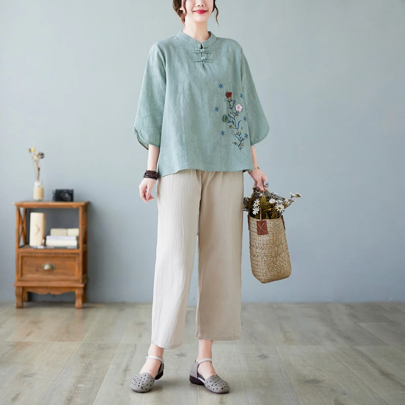新款妈妈春夏上衣亚麻套装中老年棉麻七分袖中式复古中国风两件套