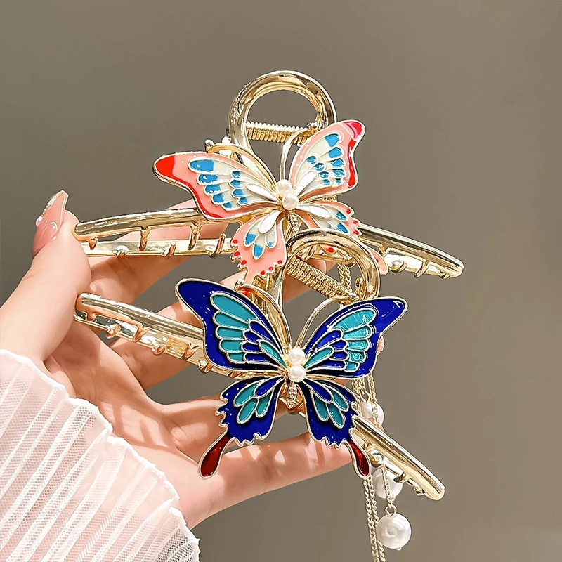 国风优雅彩绘蝴蝶大号抓夹古风超仙气质网红头饰简约百搭发卡饰品