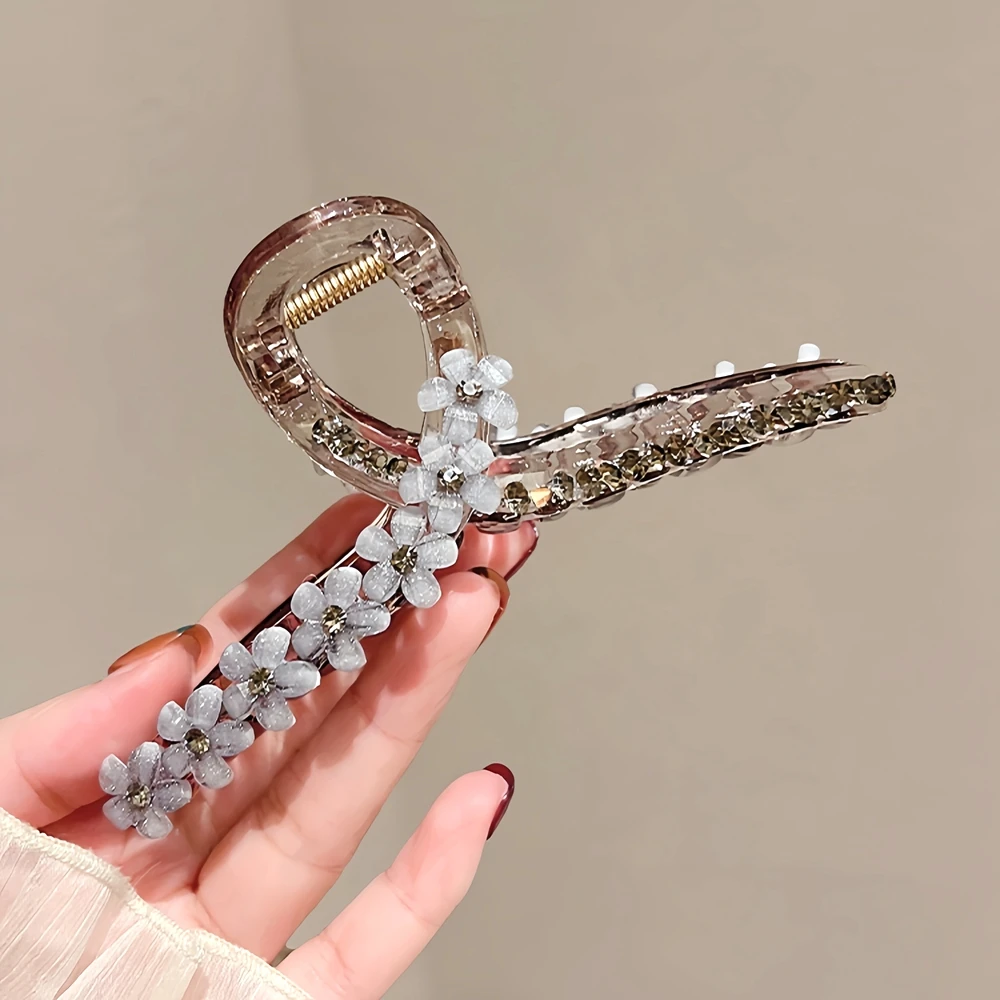 韩版简约琉璃花朵大号抓夹优雅轻奢发量多鲨鱼夹时尚百搭气质发夹