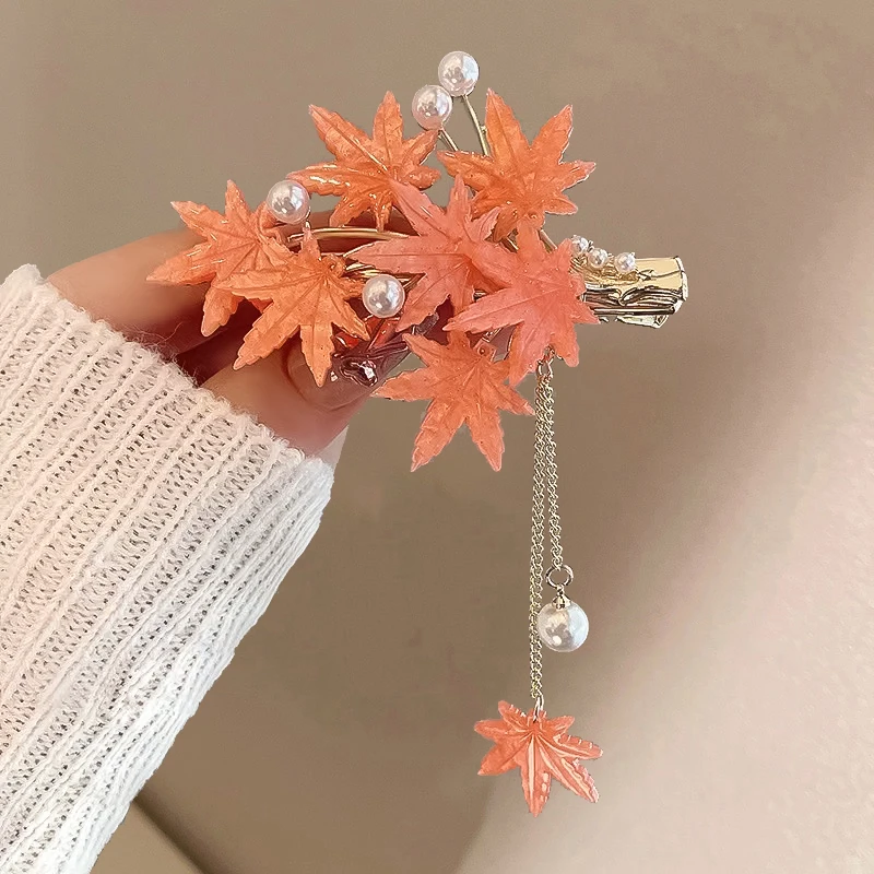 复古个性气质枫叶流苏发夹 超仙古风百搭森系边夹仙气可爱ins发卡