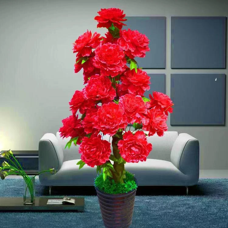 仿真牡丹花假花36头室内装饰盆栽红色婚庆用结婚客厅落地仿真绿植