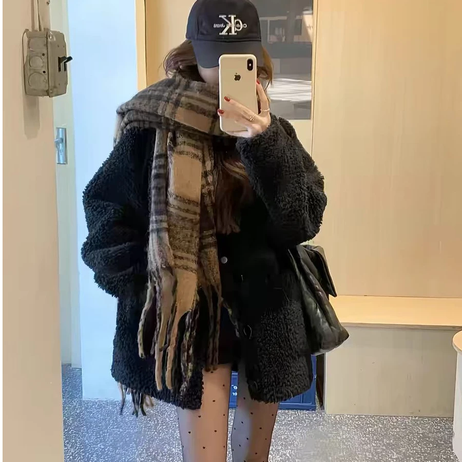 2024秋冬款美式复古长袖毛毛外套女小个子宽松显瘦黑色毛毛上衣
