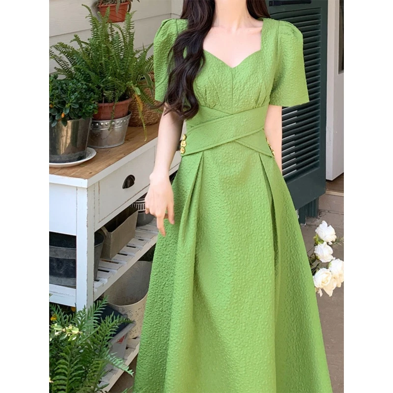 大码女2023夏季新款胖mm法式收腰气质名媛遮肚显瘦绿色方领连衣裙