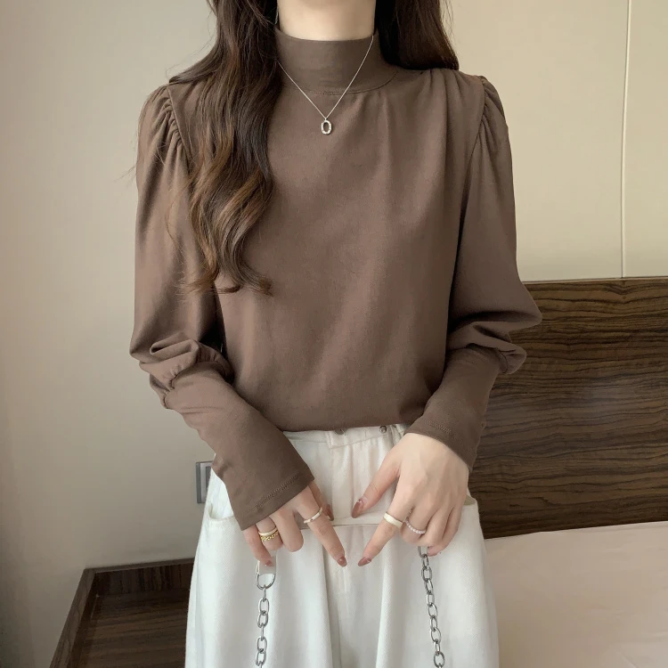 秋冬大码时尚气质半高领百搭泡泡长袖打底纯色显瘦内搭T恤上衣女